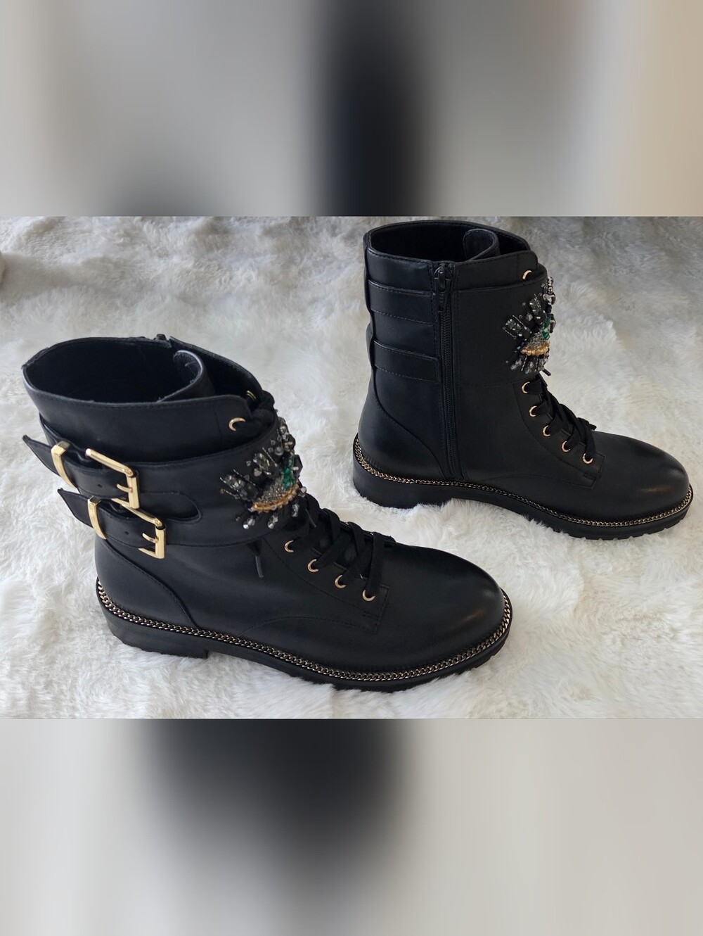 Kurt Geiger Black Lace-Up Combat Boots with Green Jewel Eye Embellishment - Picture 3 of 7